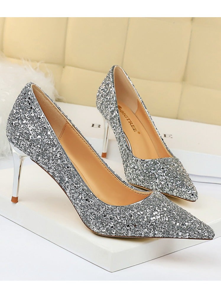 BIGTREE Women's Shiny Sequins Fashionable Stiletto Pumps 7 cm Elegant Gorgeous Closed Pointed Toe Slip On Solid High Heels Silver  - Image 2