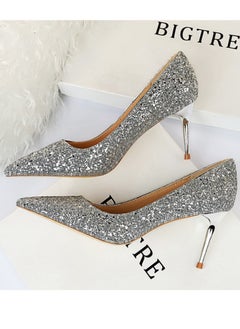 BIGTREE Women's Shiny Sequins Fashionable Stiletto Pumps 7 cm Elegant Gorgeous Closed Pointed Toe Slip On Solid High Heels Silver  - Image 3