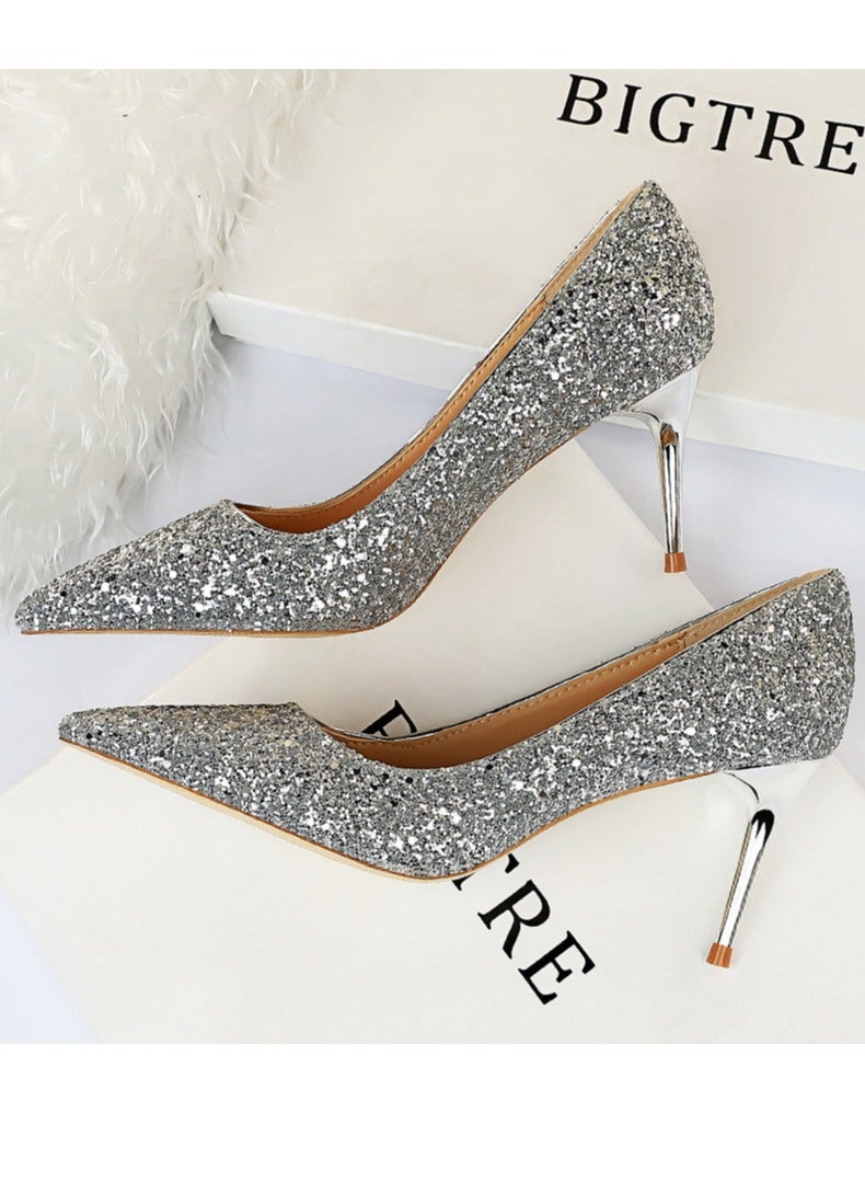 BIGTREE Women's Shiny Sequins Fashionable Stiletto Pumps 7 cm Elegant Gorgeous Closed Pointed Toe Slip On Solid High Heels Silver  - Image 3