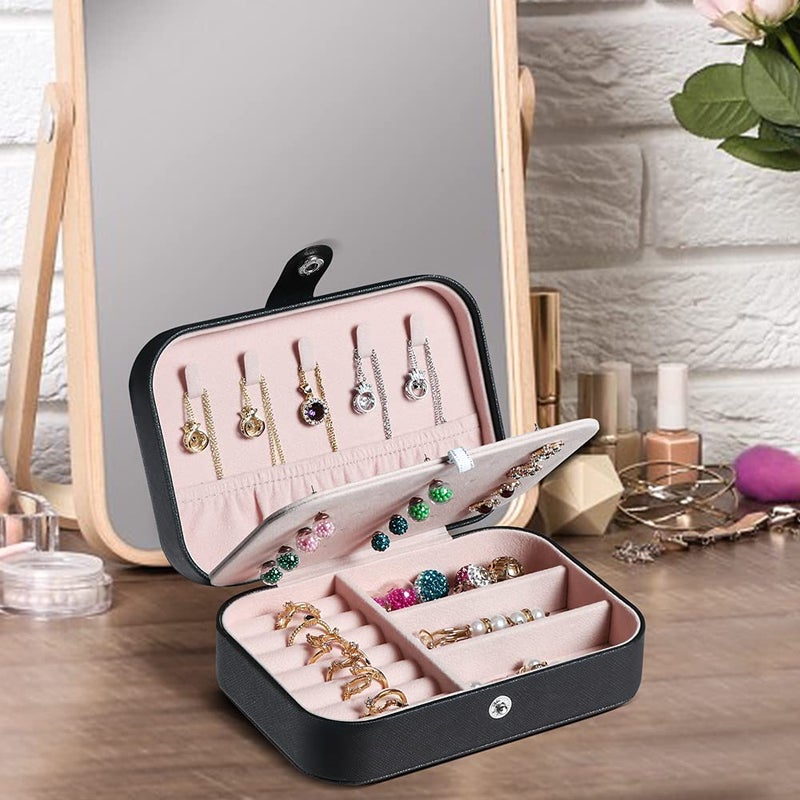 Hatori Travel Jewelry Box, PU Leather Small Jewelry Organizer for Women Girls, Portable Mini Travel Case Display Storage Holder Boxes for Stud Earrings, Rings, Necklaces, Bracelets (Black Beige) - Image 3