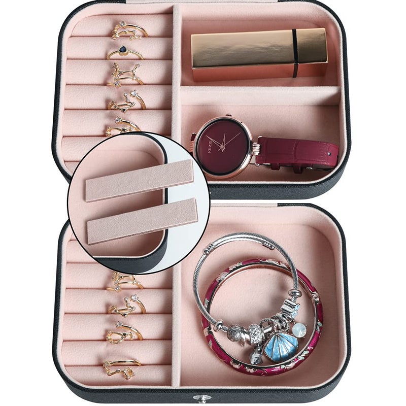 Hatori Travel Jewelry Box, PU Leather Small Jewelry Organizer for Women Girls, Portable Mini Travel Case Display Storage Holder Boxes for Stud Earrings, Rings, Necklaces, Bracelets (Black Beige) - Image 4