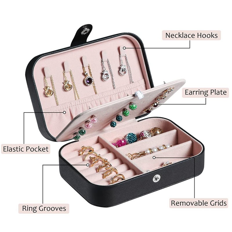 Hatori Travel Jewelry Box, PU Leather Small Jewelry Organizer for Women Girls, Portable Mini Travel Case Display Storage Holder Boxes for Stud Earrings, Rings, Necklaces, Bracelets (Black Beige) - Image 2