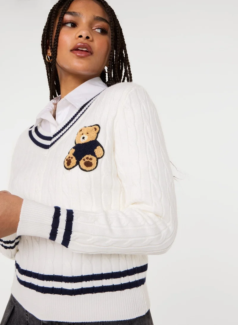 Contrast V-Neck Teddy Jumper