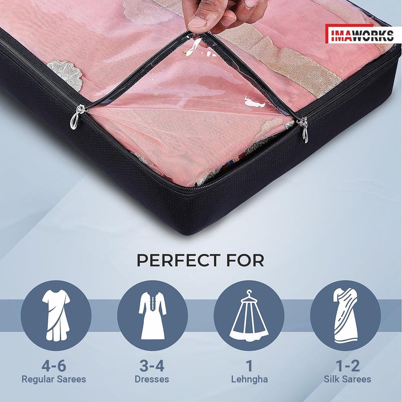 IMAWORKS Fabric Saree Bags/Covers For Storage Set Of-3 Big Size With Zip Closure For Packing Pouches Clothes Bags And Wardrobe Organizer With Transparent Window-Black(3),33 Cm,7.6 Cm - Image 4