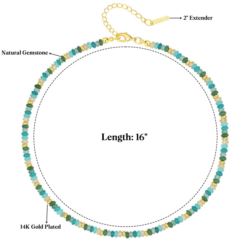 KissYan Gemstone Beaded Necklace for Women, Colorful Boho Bead Choker Chain Natural Stone Aquamarine Amazonite Rose Quartz Beach Necklace 14K Gold Plated Summer Handmade Jewelry(B18A) - Image 5