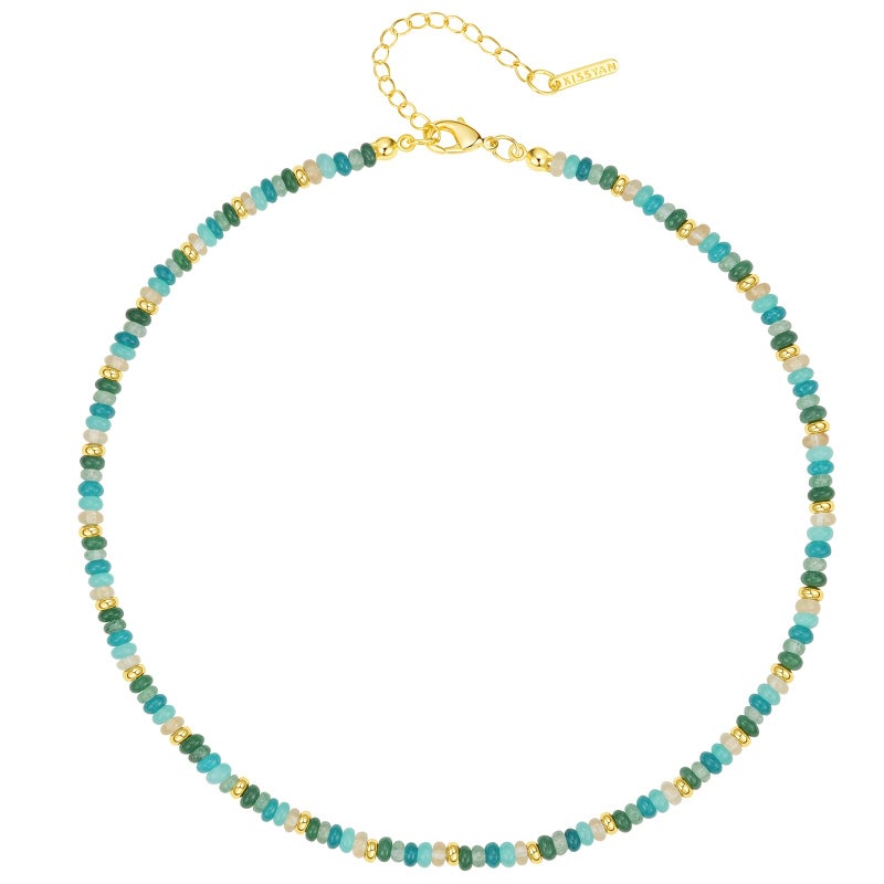 KissYan Gemstone Beaded Necklace for Women, Colorful Boho Bead Choker Chain Natural Stone Aquamarine Amazonite Rose Quartz Beach Necklace 14K Gold Plated Summer Handmade Jewelry(B18A) - Image 1