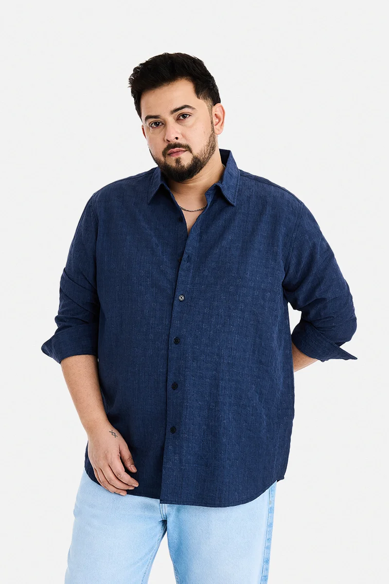 سنيتش Navy Blue Textured Long Sleeve Regular Fit Plus Size Shirt