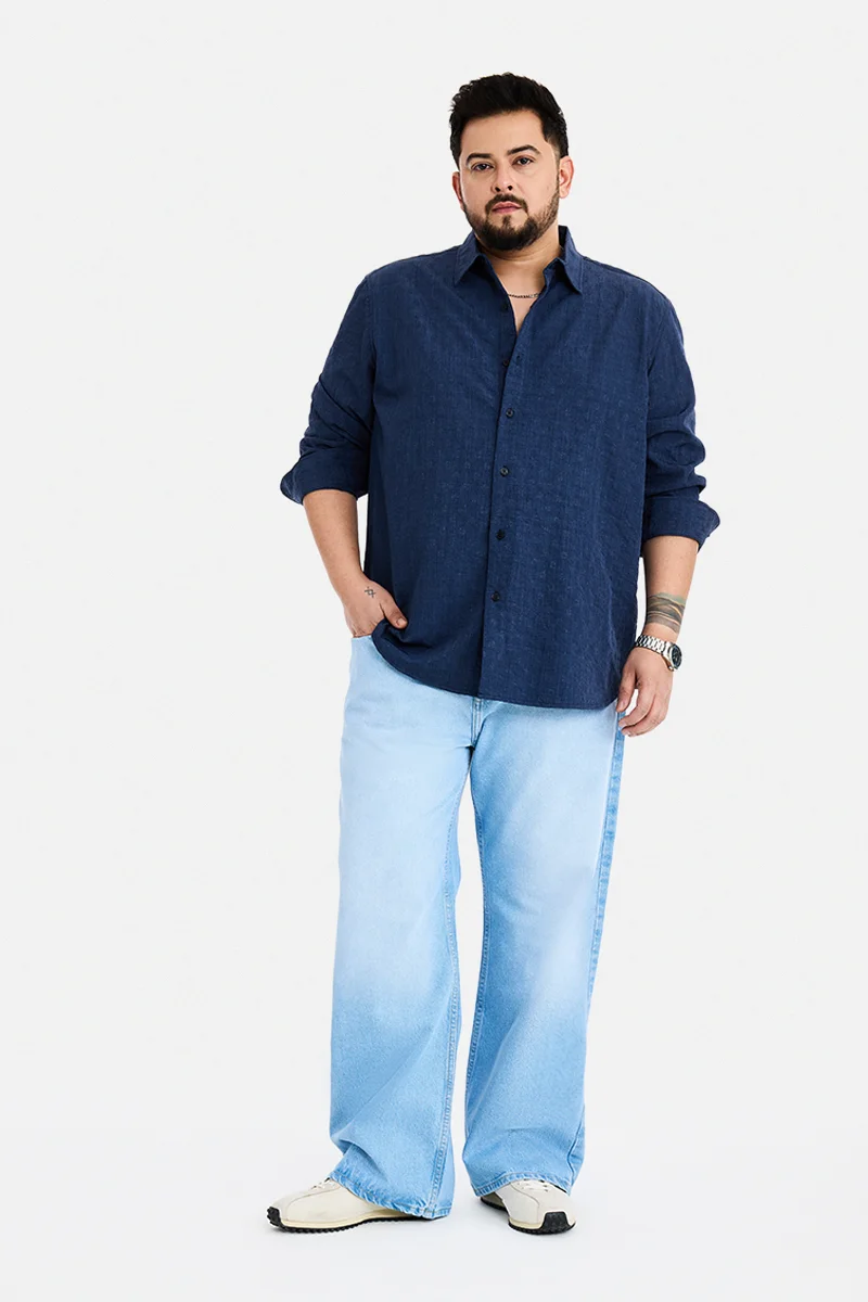 سنيتش Navy Blue Textured Long Sleeve Regular Fit Plus Size Shirt