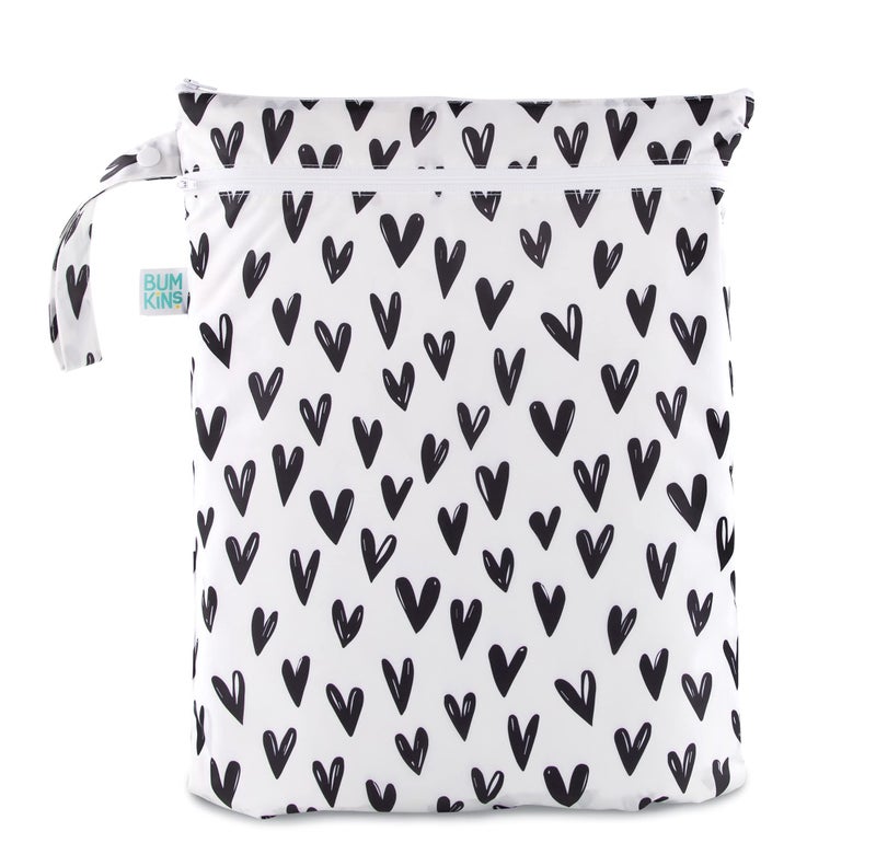 Bumkins Waterproof Wet Dry Bag for Baby Travel Swim Suit Cloth Diapers Pump Parts Pool Beach Gym Clothes Toiletry Hook to Stroller Daycare Zipper Reusable Wetdry Packing Pouch Black Hearts