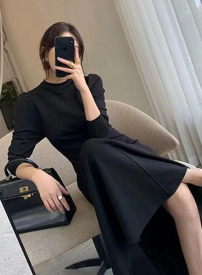 Take Two Black Solid 3/4 Sleeves A-Line Midi Dress