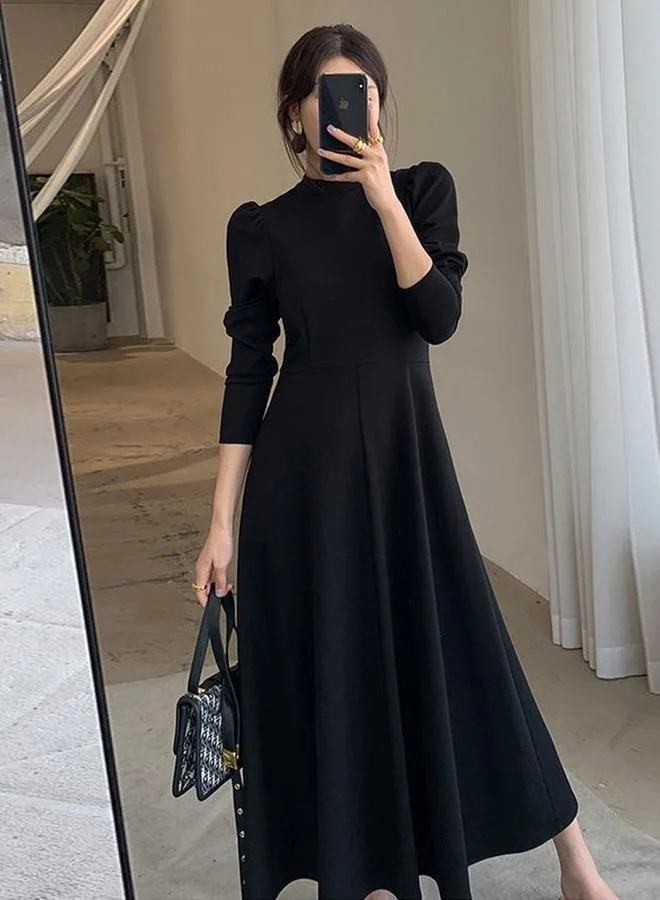 Take Two Black Solid 3/4 Sleeves A-Line Midi Dress