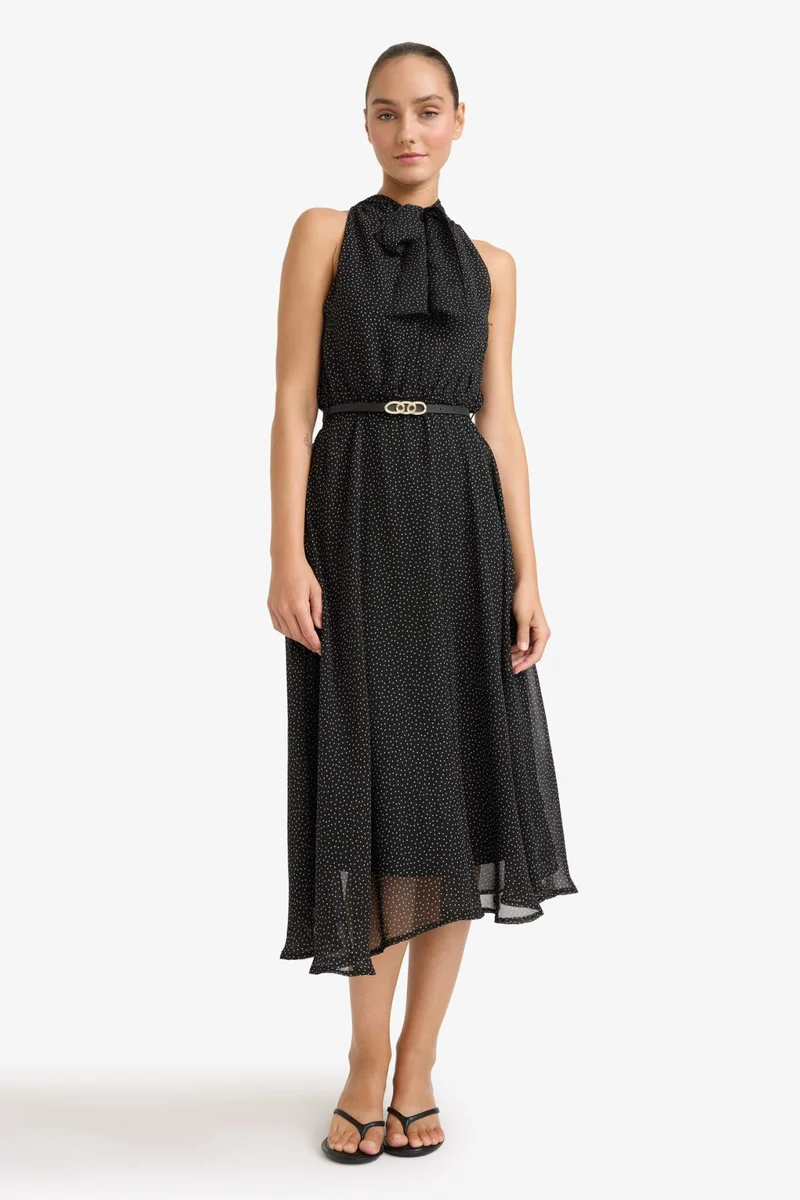 DeFacto Polka Dot Tie Collar Belted Sleeveless Midi Dress