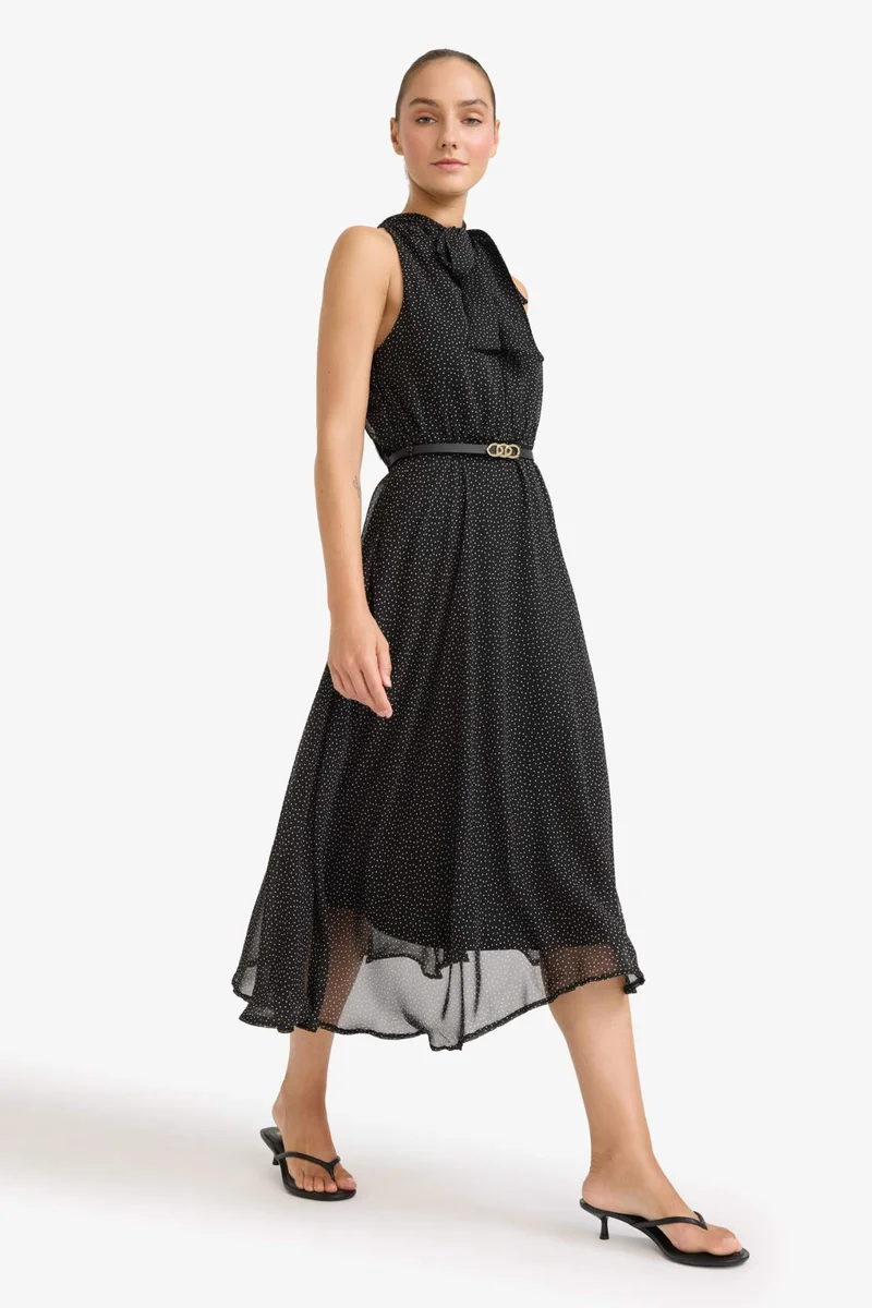 DeFacto Polka Dot Tie Collar Belted Sleeveless Midi Dress