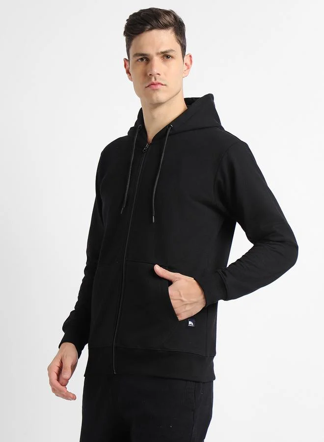 Dennis Lingo Regular Fit Black Solid Hooded Sweatshirt for Men - Polycotton, Full Sleeves