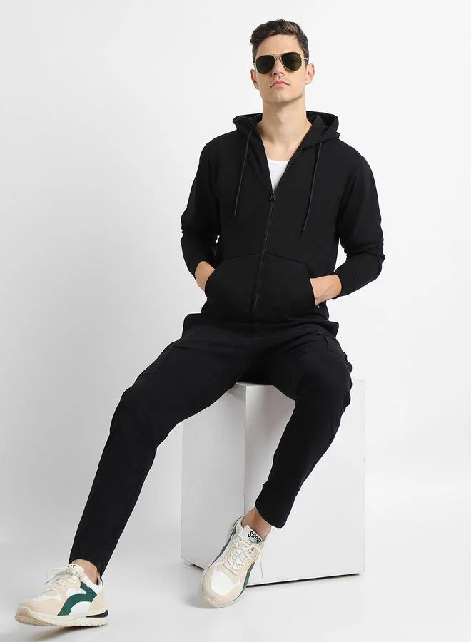 Dennis Lingo Regular Fit Black Solid Hooded Sweatshirt for Men - Polycotton, Full Sleeves