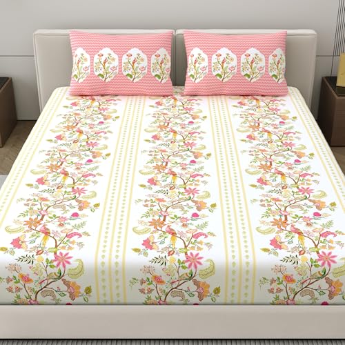Dreamscape 100% Cotton King Fitted Floral Bedsheet With 2 Pillow Covers - (Size 72 x 78 inches, 200 TC, Colour - Pink: Rose Pink) - Image 2