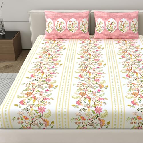 Dreamscape 100% Cotton King Fitted Floral Bedsheet With 2 Pillow Covers - (Size 72 x 78 inches, 200 TC, Colour - Pink: Rose Pink) - Image 3