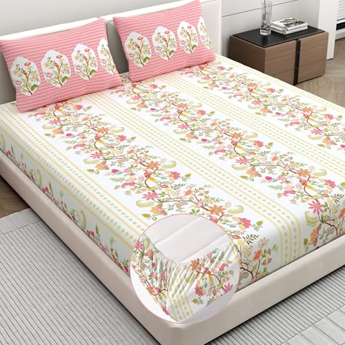 Dreamscape 100% Cotton King Fitted Floral Bedsheet With 2 Pillow Covers - (Size 72 x 78 inches, 200 TC, Colour - Pink: Rose Pink) - Image 1
