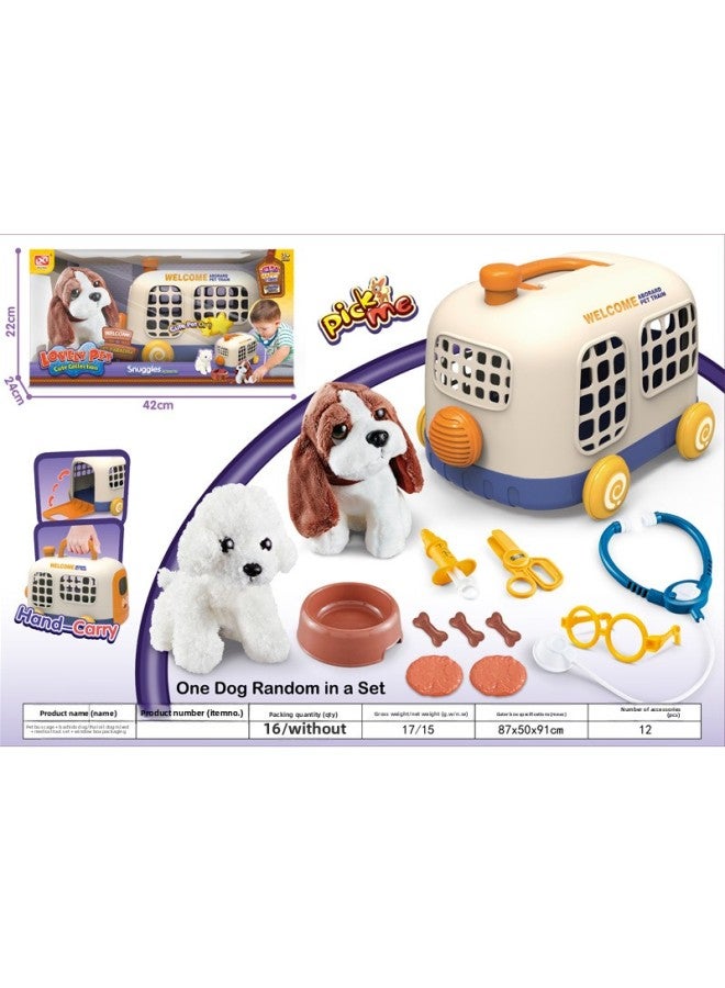 Children's Simulation Plush Cat Teddy Dog Pet Bus Cage Medical Tool Set Storage Plane Play House Toys-Color:Pet Bus Cage + Plush Dog Bargill/teddy Dog Mixed + Medical Suit + Sealed Box Packaging: 48 Boxes Minimum Order  - Image 1
