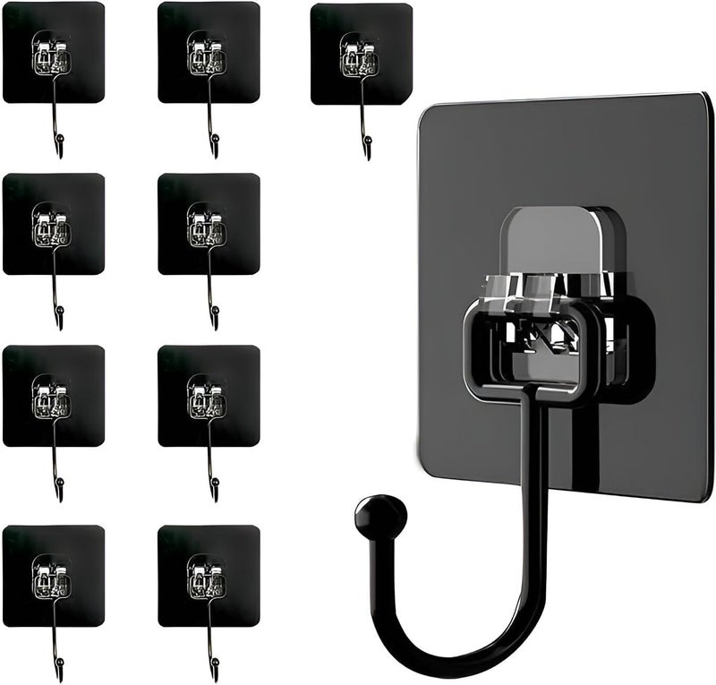Vajin Adhesive Hooks Pack of 10 Adhesive Bathroom Large Hooks No Drilling Black Wall Hooks Waterproof Hooks Multipurpose Hooks Hanger for Ceiling Kitchen Bathroom Wall - Image 1