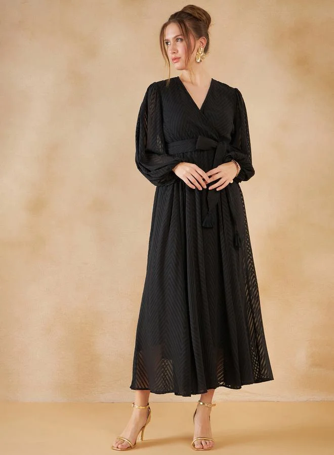 FEMELLA Dobby Zig Zag Texture A-Line Maxi Dress by Styli