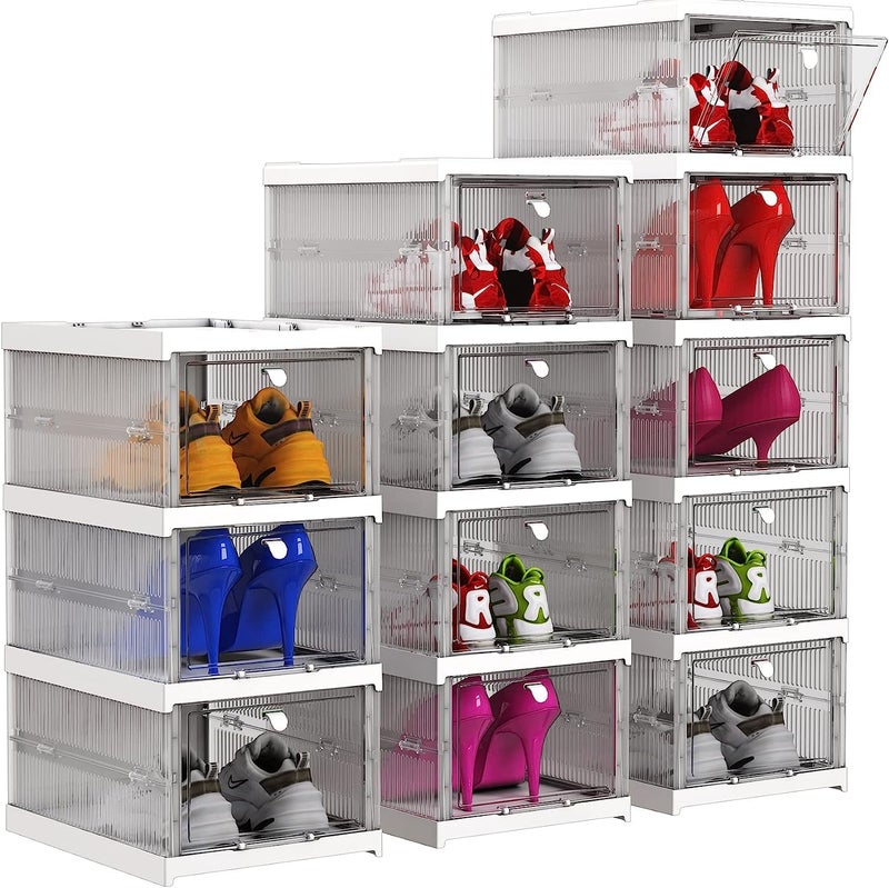 LOOKMINT Drop Front Shoe Organizer Storage Box No Assembly Stackable Shoe Storage Bins with Clear Door Free Standing Shoe Shelf Cabinet with Lids Plastic Shoe Rack for Closet Entryway Set of 3Tier - Image 2