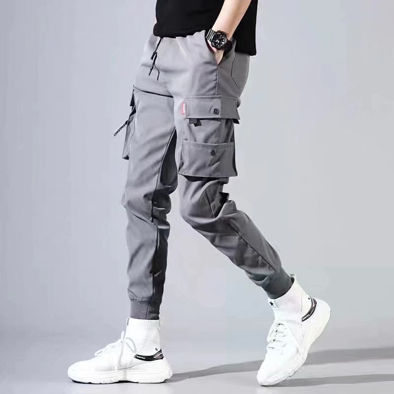 Summer thin pants mens fashion brand overalls loose ankle-tied work pants Korean style versatile trendy cropped casual pants Gray K322 - Image 1