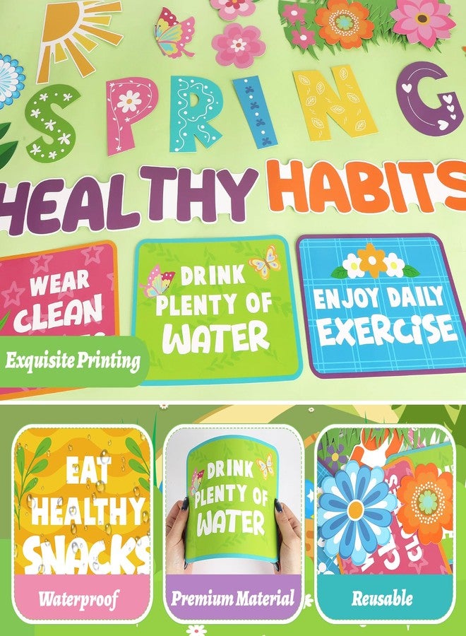 Yewfold Spring Bulletin Board Decorations Healthy Habits Poster Spring Flower Cutouts with Butterfly and Plants for School Office Home Chalkboard Wall Door Decor - Image 4