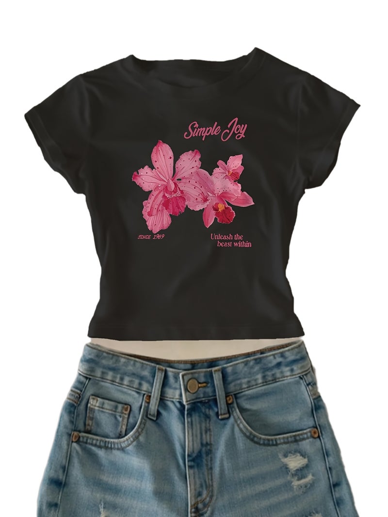 00008 - Women'S Casual Top English Letter Petal Print Girly Heart Sweet Cool American Style Ins Hot Summer T - Shirt - CC75 - Black / XS - Image 1