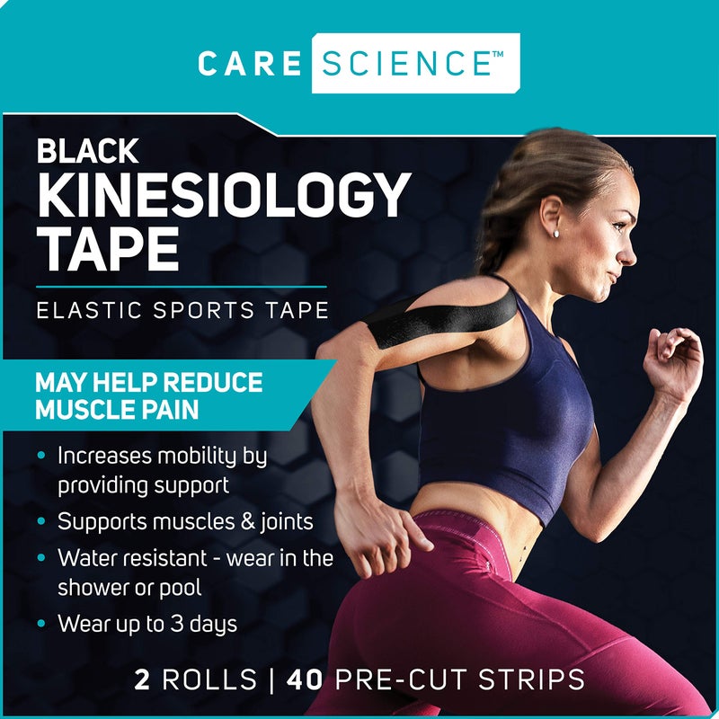 Care Science Waterproof Kinesiology Tape, 40 ct Precut Strips (2 Rolls), Black | Elastic Sports & Weightlifting Tape Supports Muscles & Joints. Water Resistant - Image 2