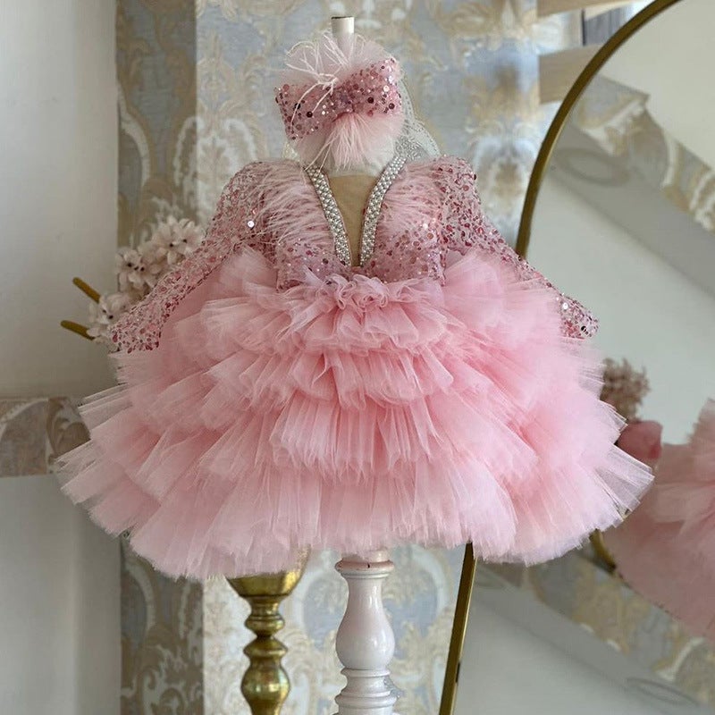 Princess Dress V-Neck Long Sleeve for Girls Pale pink 