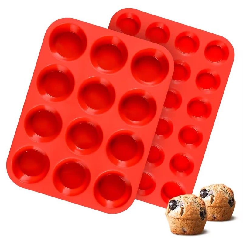 CAKETIME Silicone Muffin Pan Mini Muffin Pan Regular 12 Cups and Mini 24 Cups Cupcake Tin Set of 2 for Baking Egg Bites