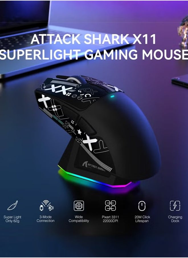 Attack Shark X11 Tri-mode Bluetooth Wireless Gaming Mouse with with Magnetic Charging Dock, Lightweight Anti Slip Mouse, PixArt PAW3311 Optical Sensor, 22K DPI, BT/2.4Ghz/Wired, for PC/MAC  - Image 2