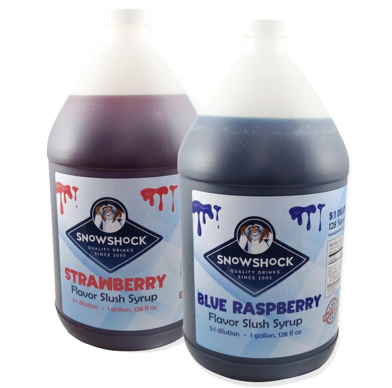 SnowShock Slush Syrup Twin Pack, Blue Raspberry & Strawberry 1 Gallon of each, 5:1 Dilution, for all Slushie Machines - Image 1