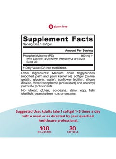 jarrow formulas Ps100100 Mg Phosphatidylserine (Ps) From Sunflower Lecithin (Soyfree) 30 Servings (Softgels) Promotes Brain Health & Cognition Support Dietary Supplement Gluten Free  - Image 4