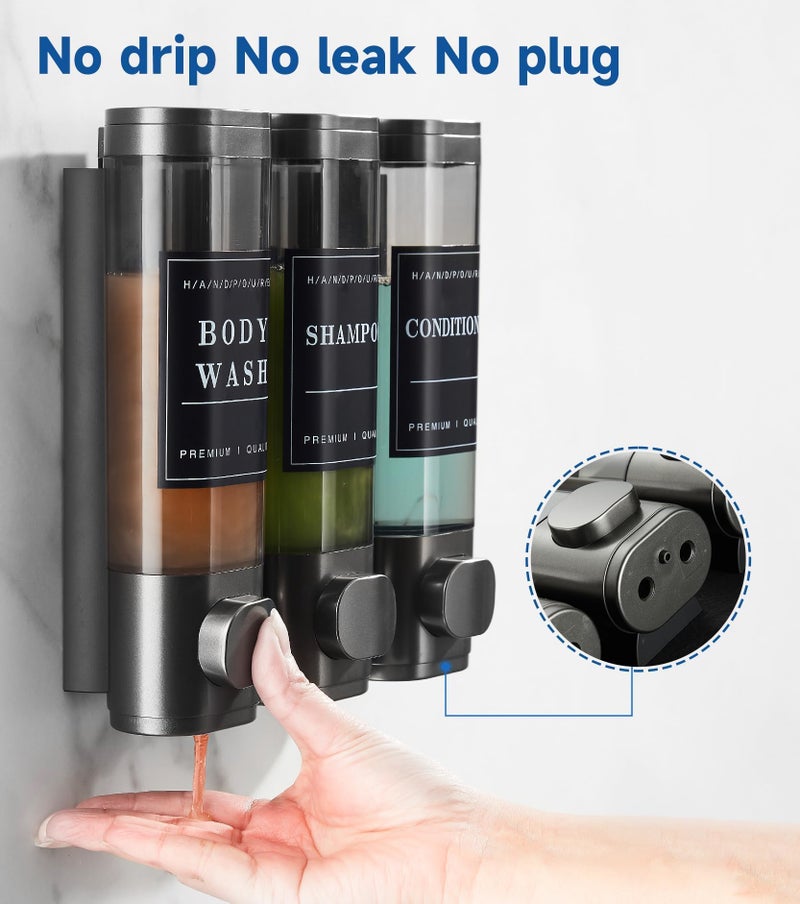Cabo Deseado Shower Soap Dispenser Wall Mounted No Drill Shampoo Dispenser for Shower Wall Shampoo and Conditioner Dispenser Bathroom Hotel 3 * 300ml Gungray with Labels - Image 3