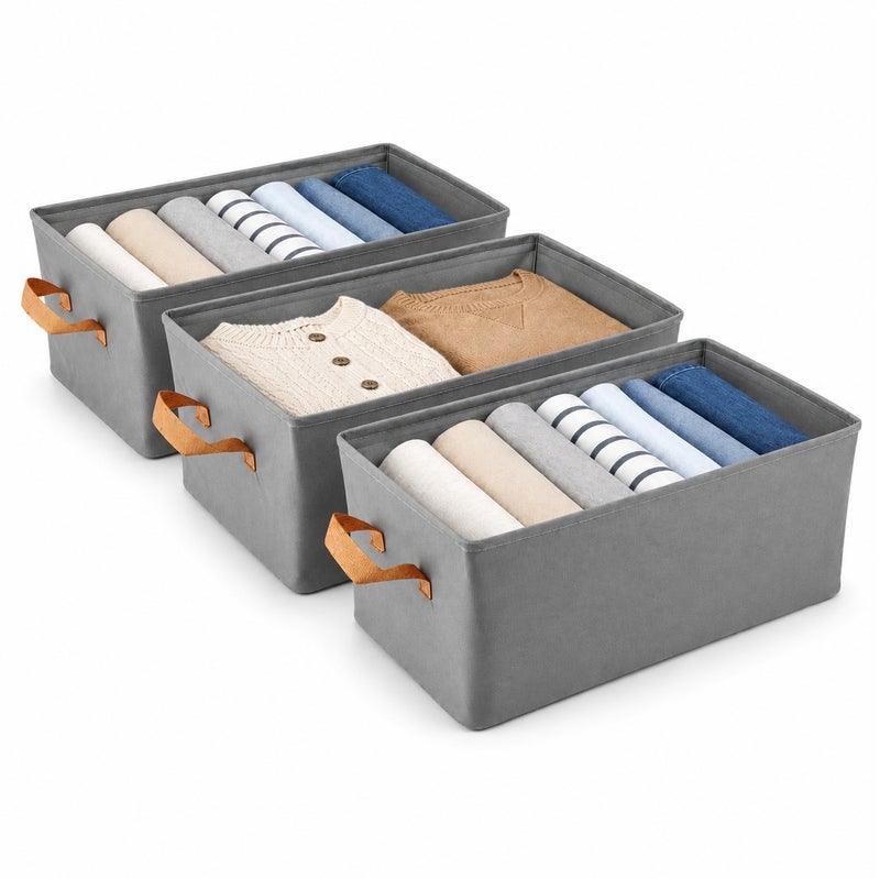 O2. Set of 3 Grey Non-Woven Fabric Storage Baskets – Foldable Closet Organizer Bins with Side Handles – Durable Fabric Storage Boxes for Clothes, Towels, Toys, Wardrobe & Shelves - Image 1