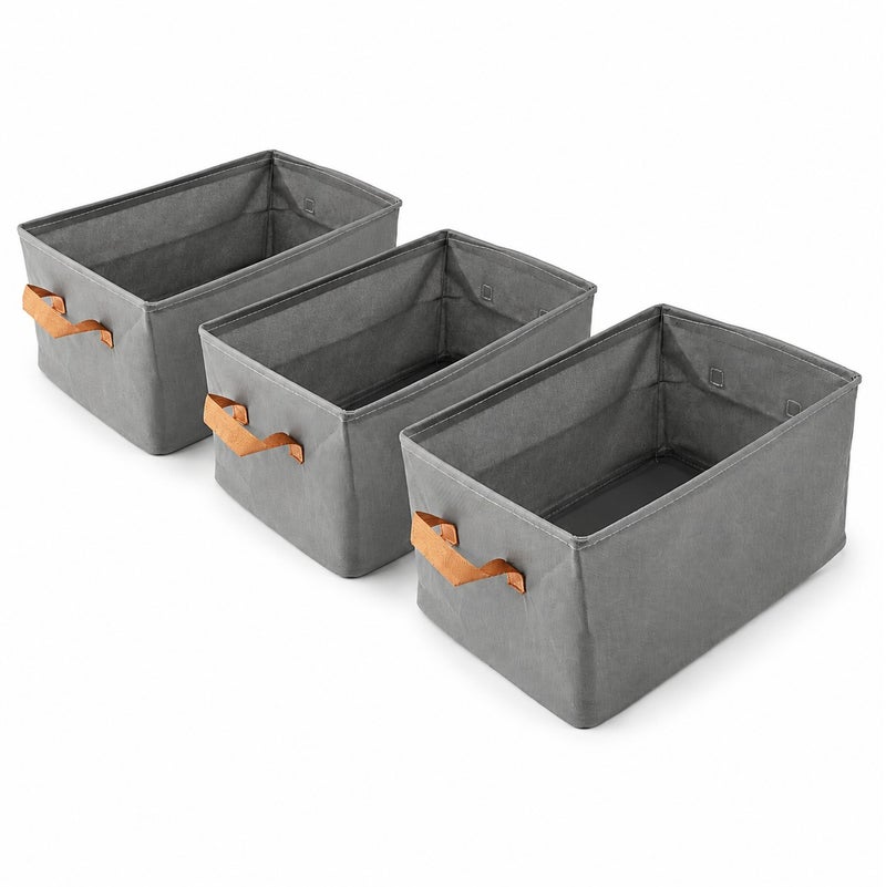 O2. Set of 3 Grey Non-Woven Fabric Storage Baskets – Foldable Closet Organizer Bins with Side Handles – Durable Fabric Storage Boxes for Clothes, Towels, Toys, Wardrobe & Shelves - Image 2