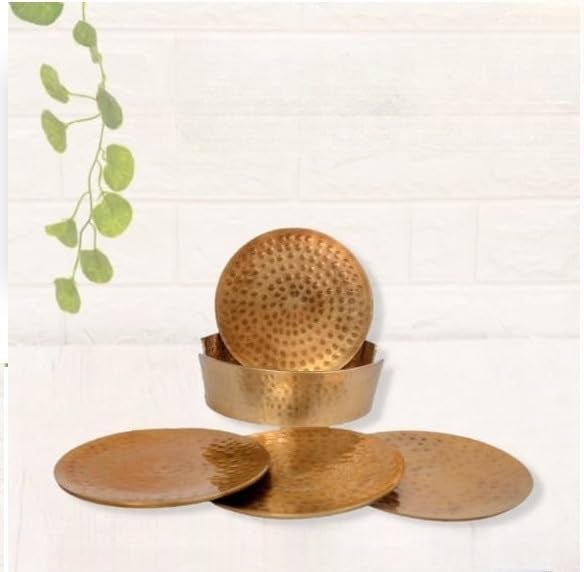 Skywalk Set of 4 Handcrafted Brass Coasters with Stand,Ideal for Table Kitchen Rustic Bar Decoration,Tabletop Protection for Home, Office & Gifting Décor - Image 2