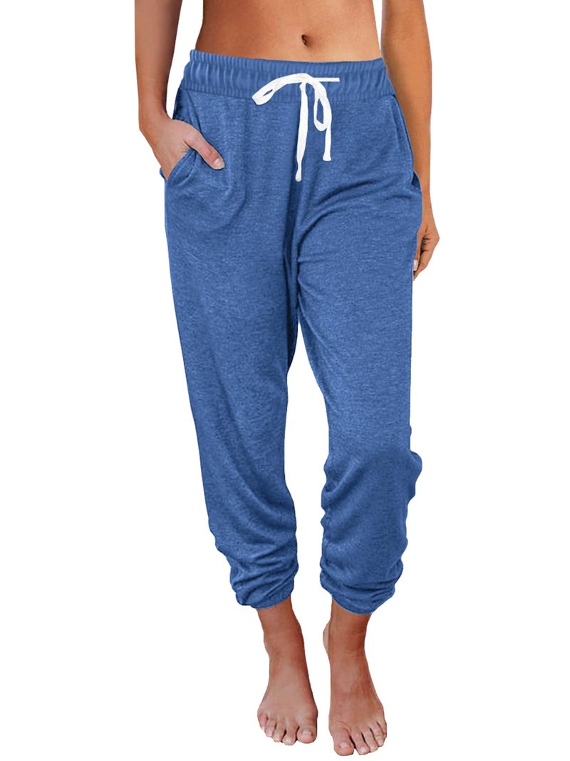 AUTOMET Womenâ€˜s High-Waisted Sweatpants with Pockets, Loose Lounge & Pajama Pants for Fall, Winter, Spring Yoga Travel Blue XL - Image 1