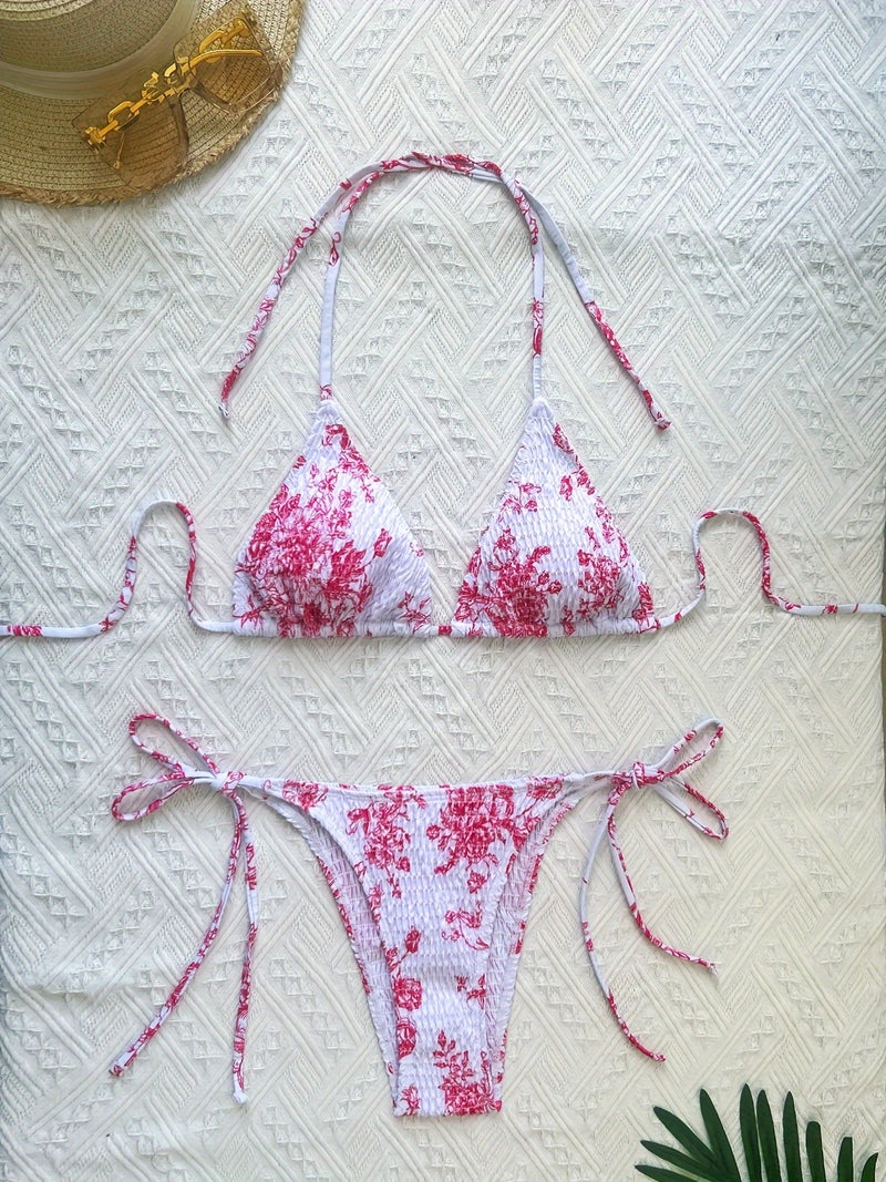 2025 New Swimsuit Female Sense Printed Backless Strap Bikini Bikini Summer - Image 1