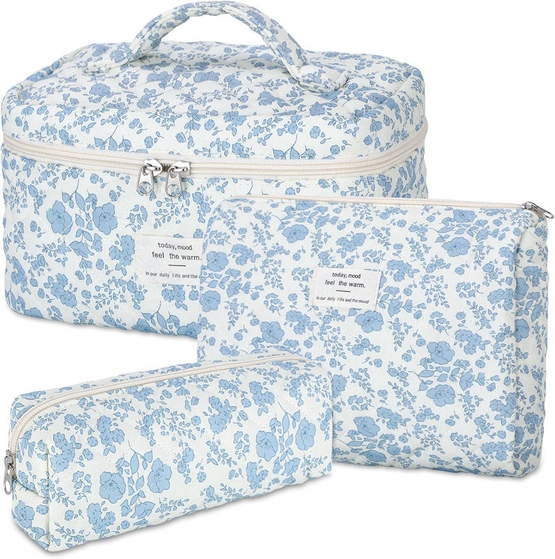 senbowe Floral Makeup Bag, 3 Pack Large Cotton Quilted Makeup Bag Set, Cute Floral Coquette Aesthetic Toiletry Bag Make Up Cosmetic Bag for Women, Toiletry Travel Make Up Organizer Bag