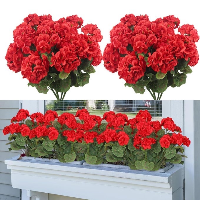 4 BUNDLES ARTIFICIAL RED GERANIUMS FOR OUTDOORS FAKE GERANIUMS FAUX SILK GERANIUMS FLOWERS FOR OUTDOOR INDOOR HOME BALCONY WINDOW BOXES DECORATIONS RED