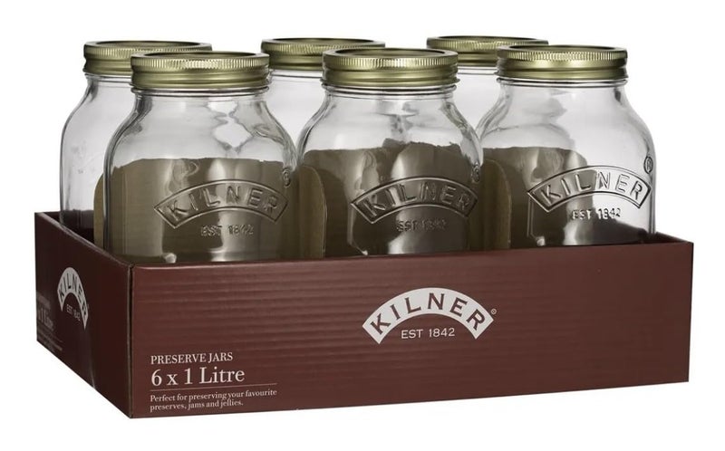 Kilner Preserving Jar 1 Litre, Preserving Jars with Screw Lids for Storing and Preserving Healthy Foods, 100% Leak-Proof, Dishwasher Safe. Set of 6pcs.