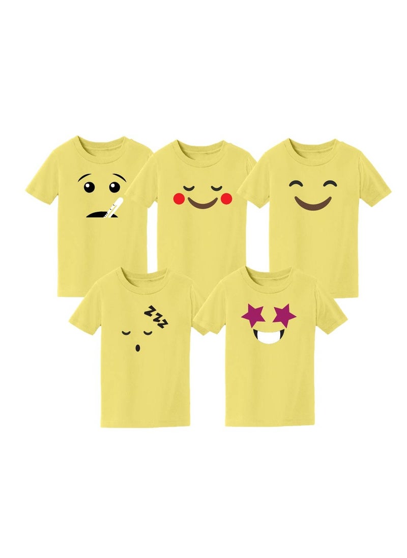 PRINTSHOP4ME - Pack of 5 Kids Yellow Smiley Face T-Shirts - Kids Unisex Round Neck Cotton Short Sleeve Tees - Soft and Comfortable Emoji T-Shirts for Kids - Image 1