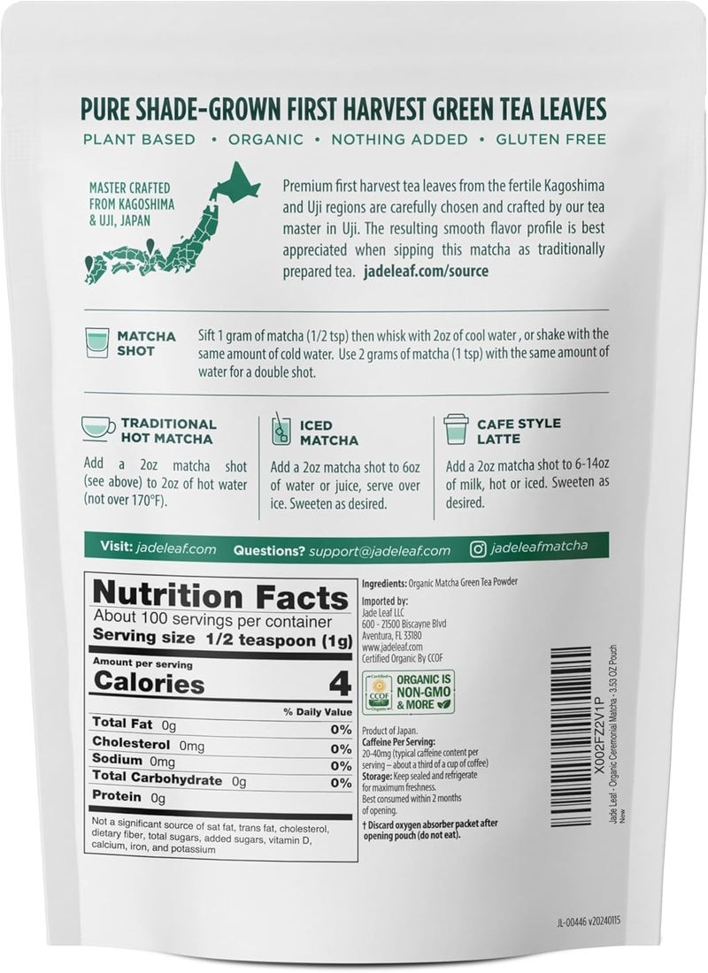 Jade Leaf Organic Matcha Green Tea Powder - Teahouse Edition - Premium Ceremonial Grade from Japan (3.53 Ounce Pouch) - Image 2