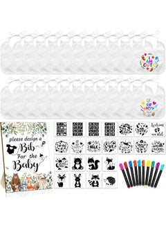 Newwiee Newwiee 55 Pcs White Bibs for Baby Decorating Design a Bib Decorate Plain newborns Bibs Wooden Sign for Baby Shower Games Kit(Woodland Animal)  - Image 1