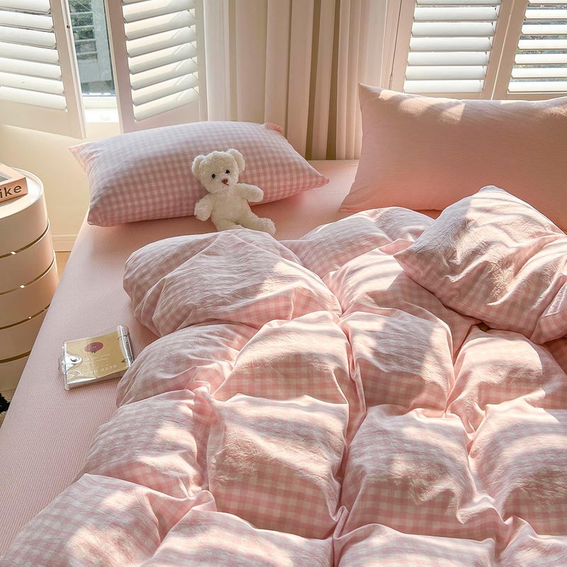 LifeTB Pink Gingham Duvet Cover Grid Bedding Set Full Aesthetic Pink White Plaid Checkered Comforter Cover 100% Washed Cotton Farmhouse Gingham Bedding Set Soft Breathable Duvet Cover Full - Image 5