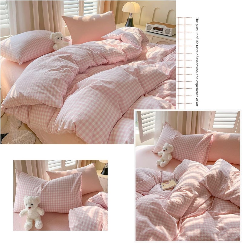 LifeTB Pink Gingham Duvet Cover Grid Bedding Set Full Aesthetic Pink White Plaid Checkered Comforter Cover 100% Washed Cotton Farmhouse Gingham Bedding Set Soft Breathable Duvet Cover Full - Image 3