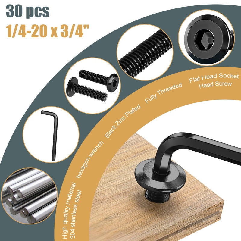 Taiss 30pcs 1/4-20 x 1 Flat Head Socket Head Screw,Furniture Bolts,Furniture Screws 304 Stainless Steel,1/4 Bolts Black Zinc Plated Fully Threaded,Countersunk Connector Screws with Hex Spanner - Image 3